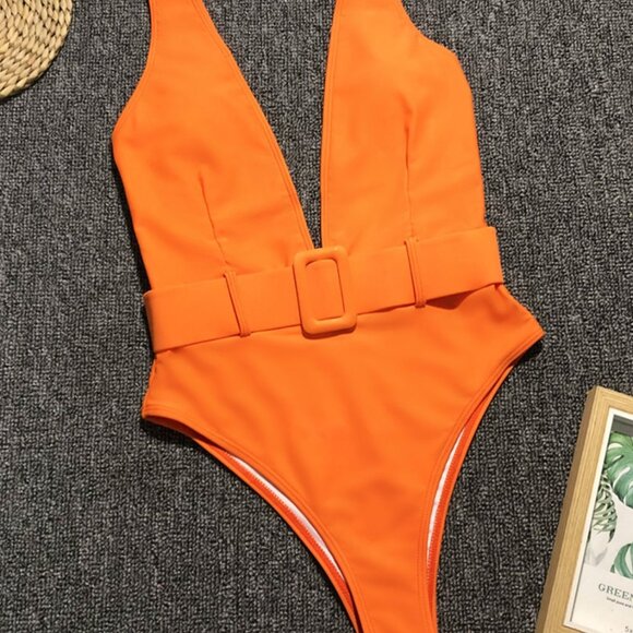 Wide Strap Deep V Neck One-Piece Swimwear - SHIPS WITHIN 24 HOURS - Picture 1 of 3